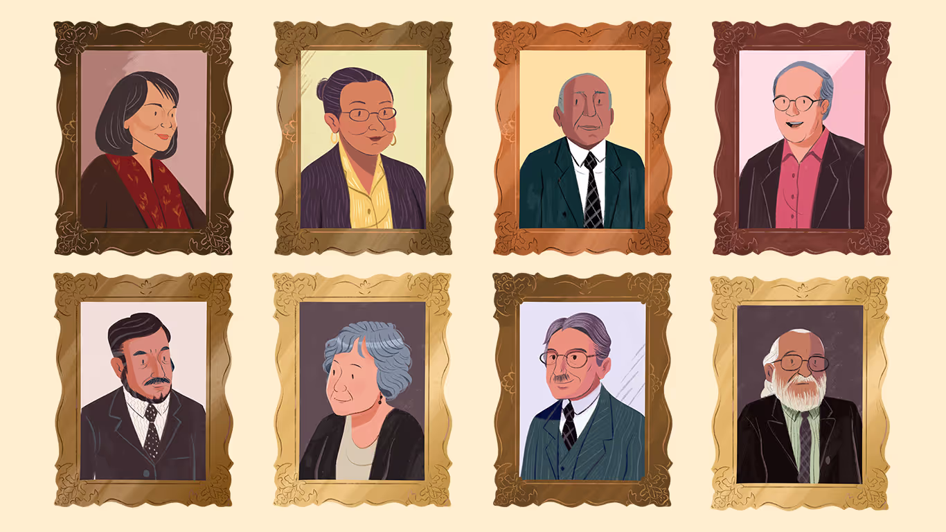 Illustrated portraits of progressive educators.