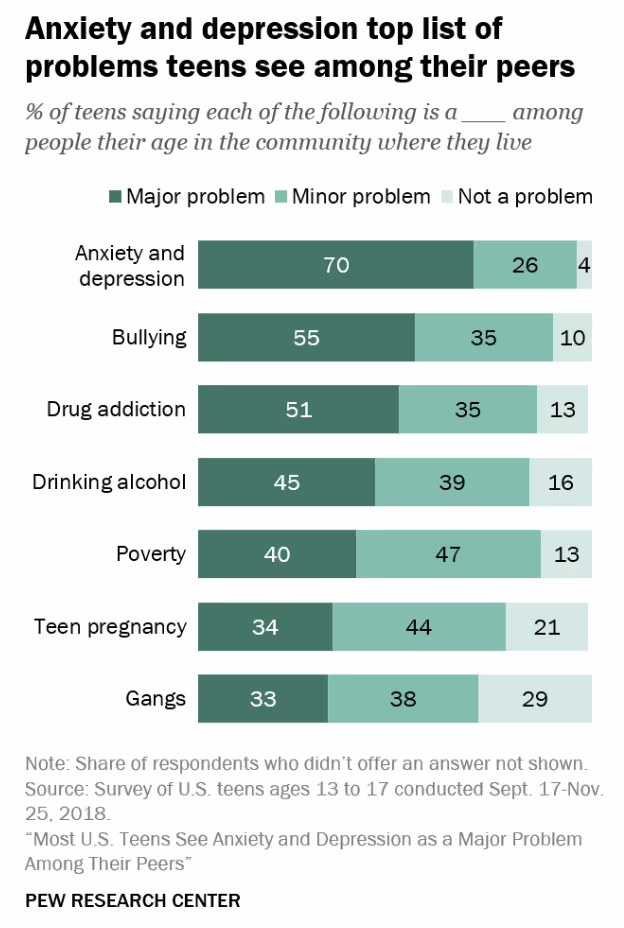 A 2018 Pew Research Center survey on the major problems teens see among their peers, with anxiety and depression topping the list