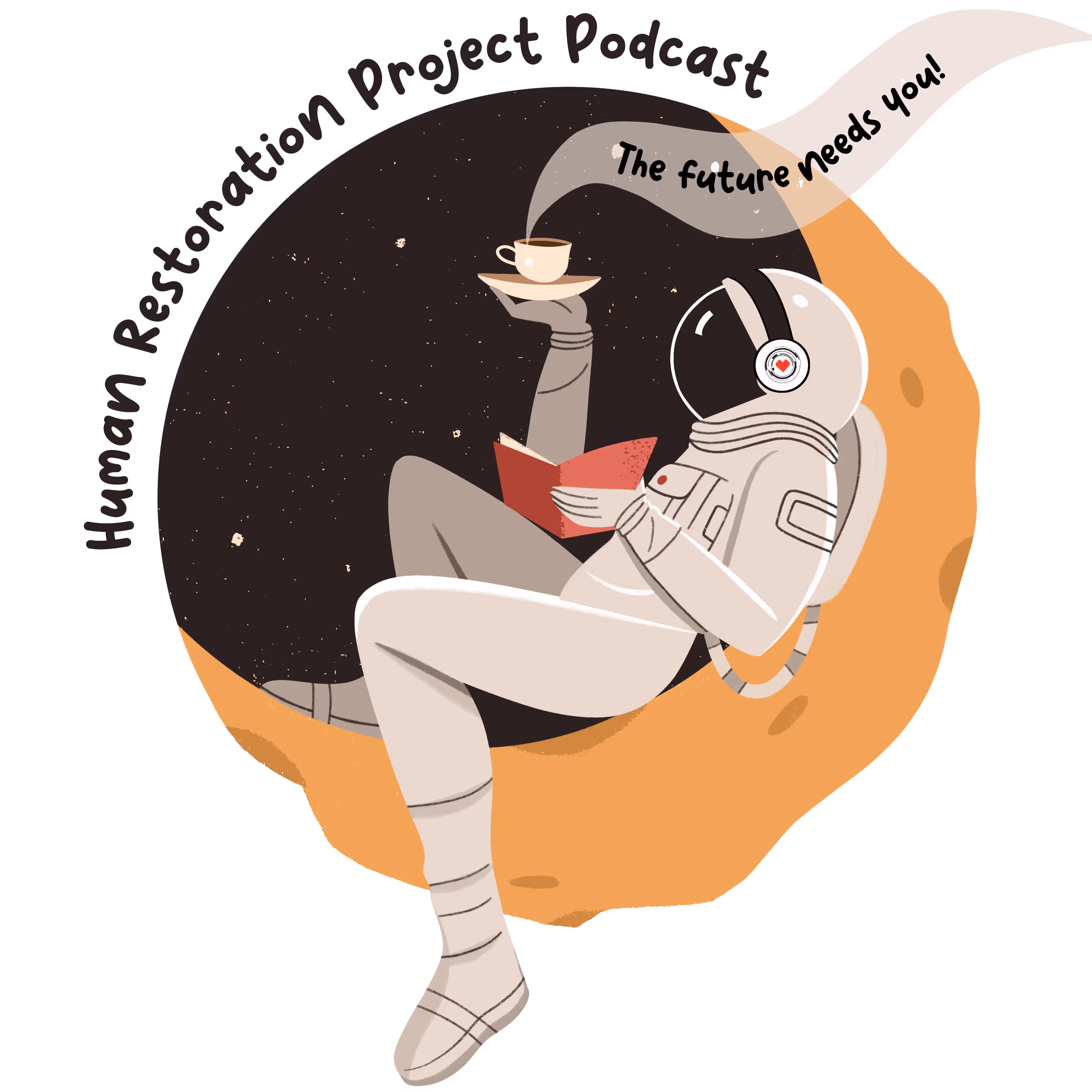 An astronaut on a moon listening to the podcast.