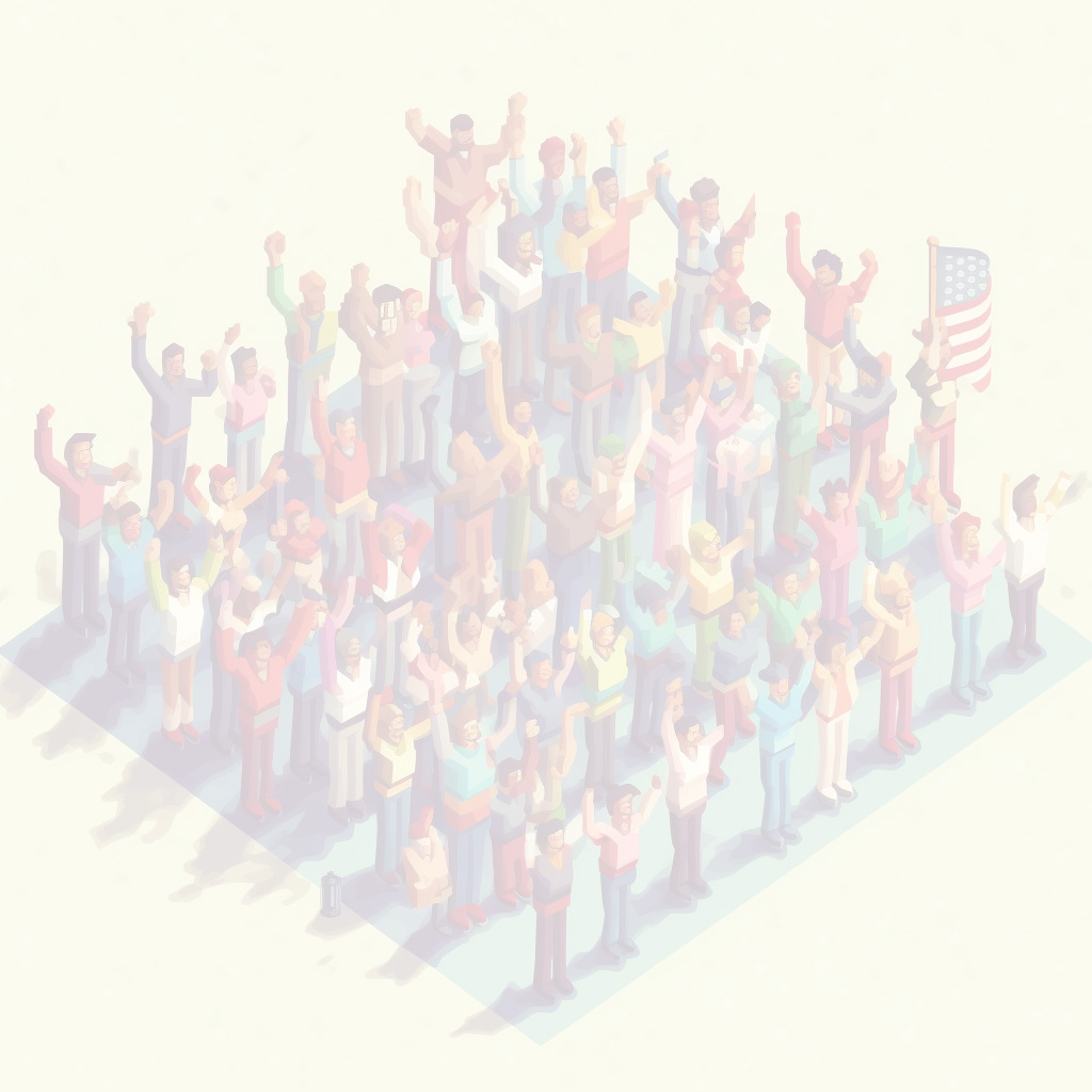 People raising their fists up into the air, isometric and retro pixel graphics.