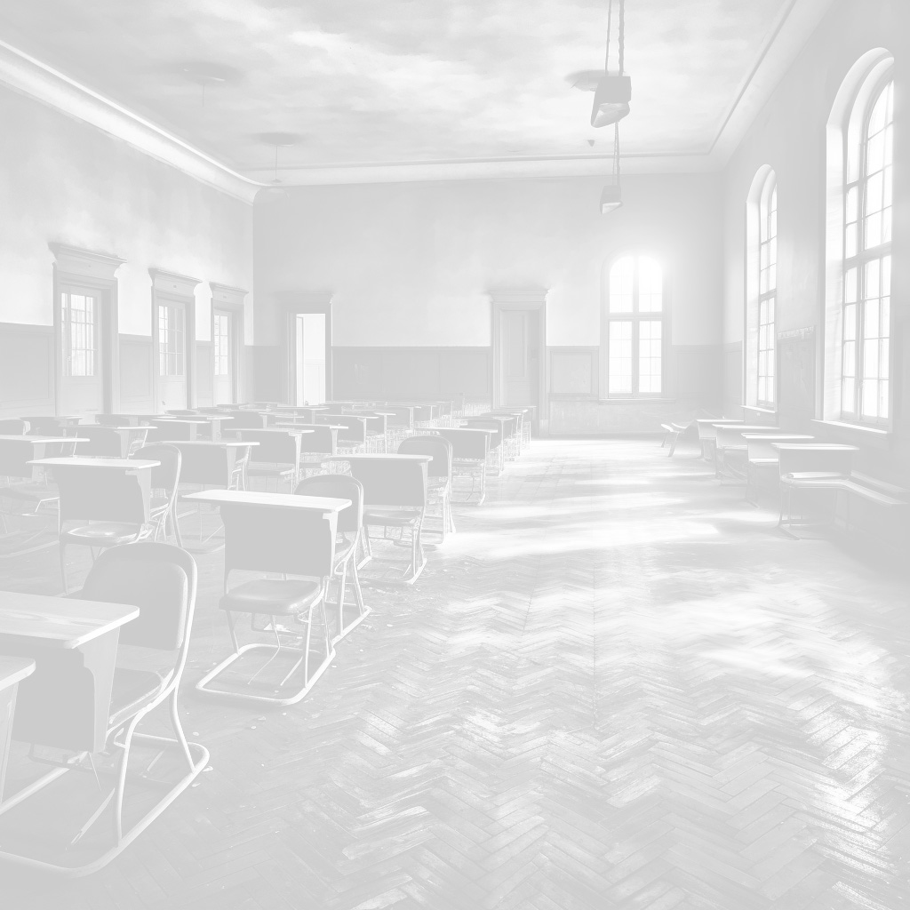 An empty classroom barren of people. Black and white.