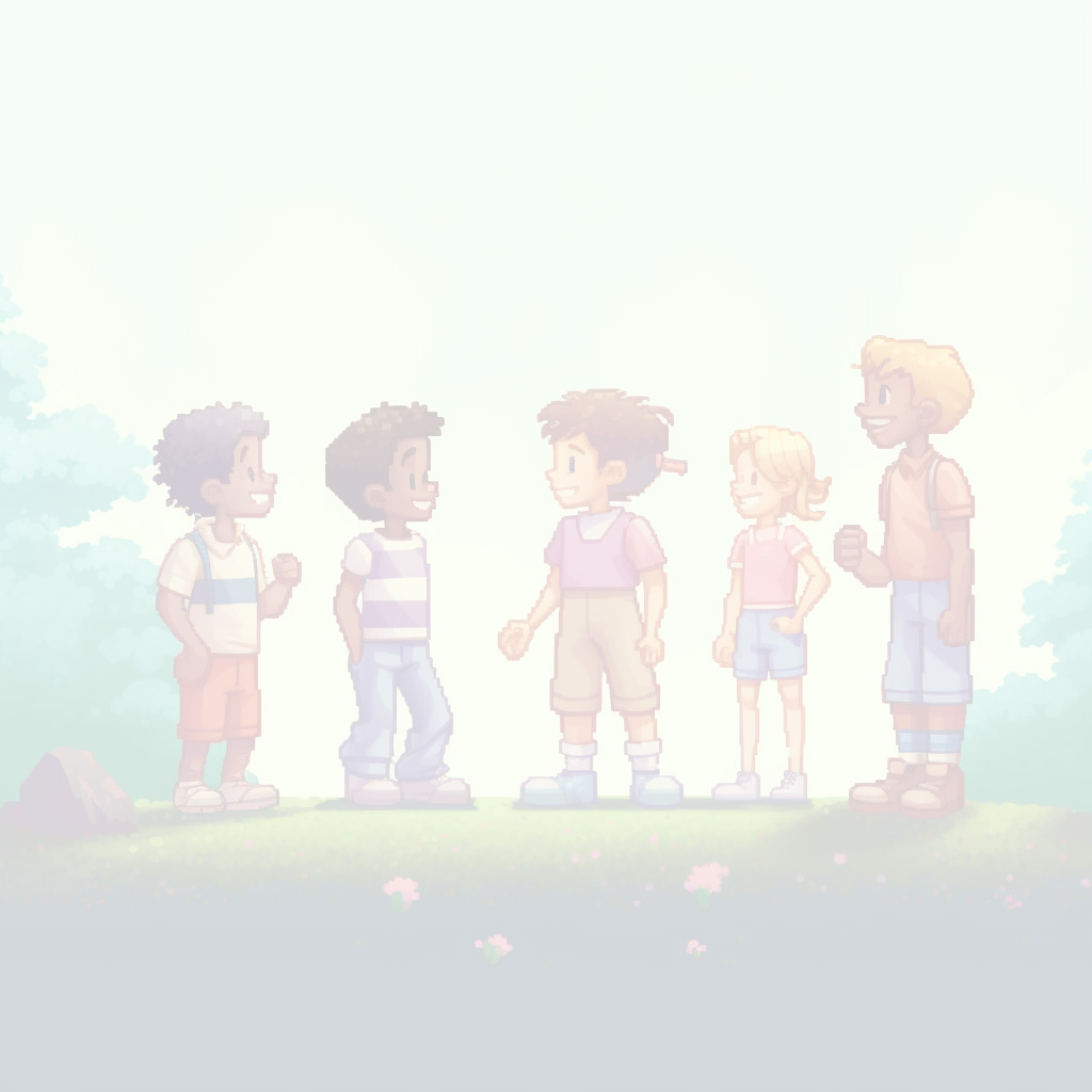 Children standing around talking to each other, retro pixel art.