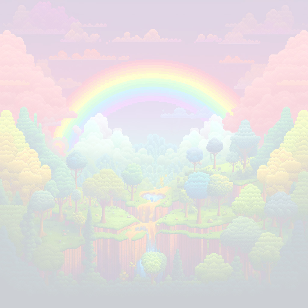 A rainbow over a forest, pixel art.