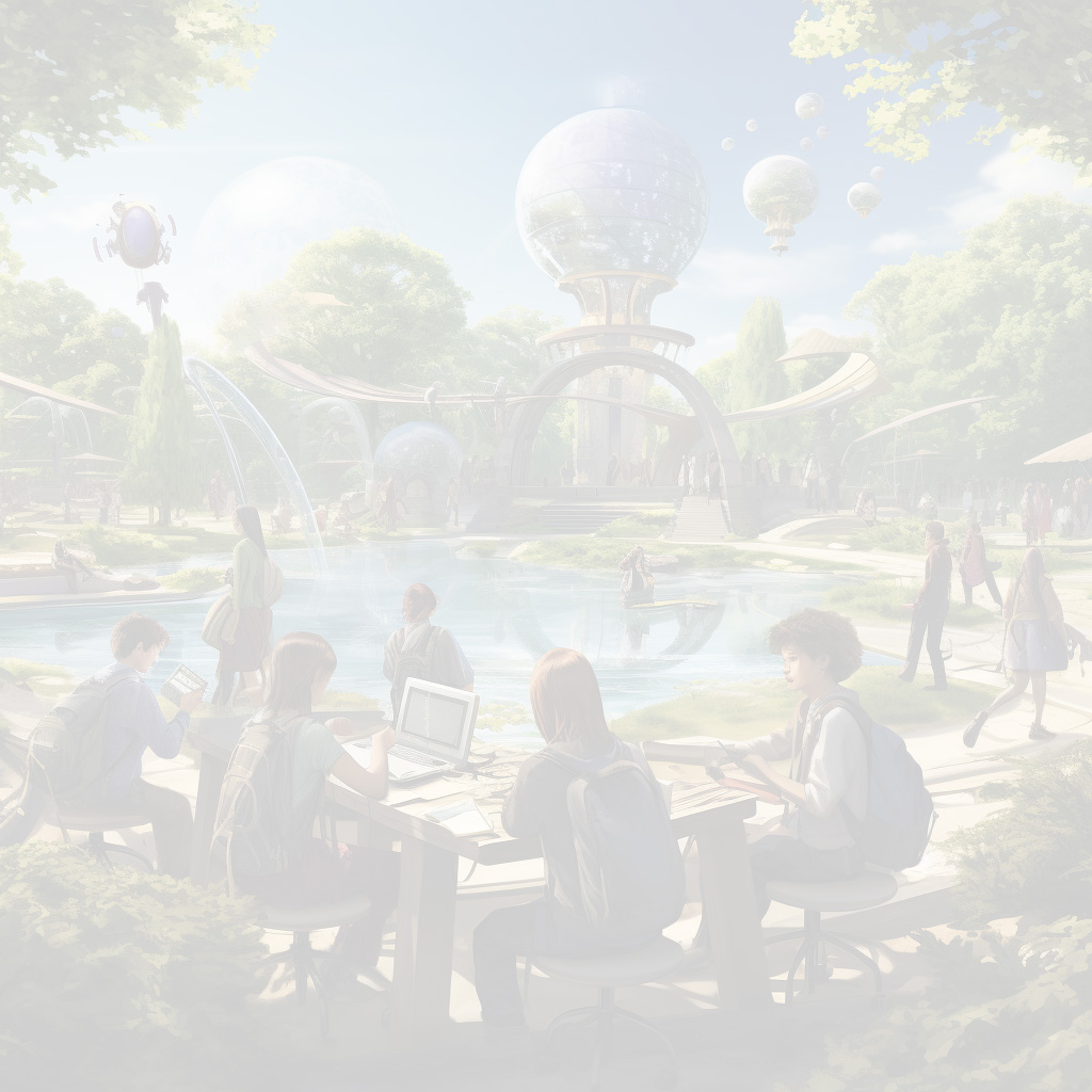 Students working in a futuristic-looking greenhouse-like school.