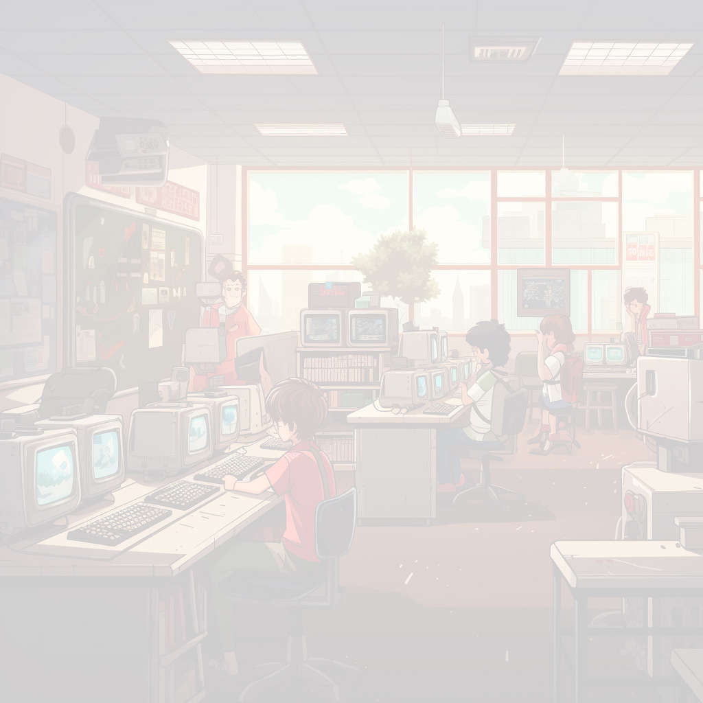 A classroom with retro pixel graphics.
