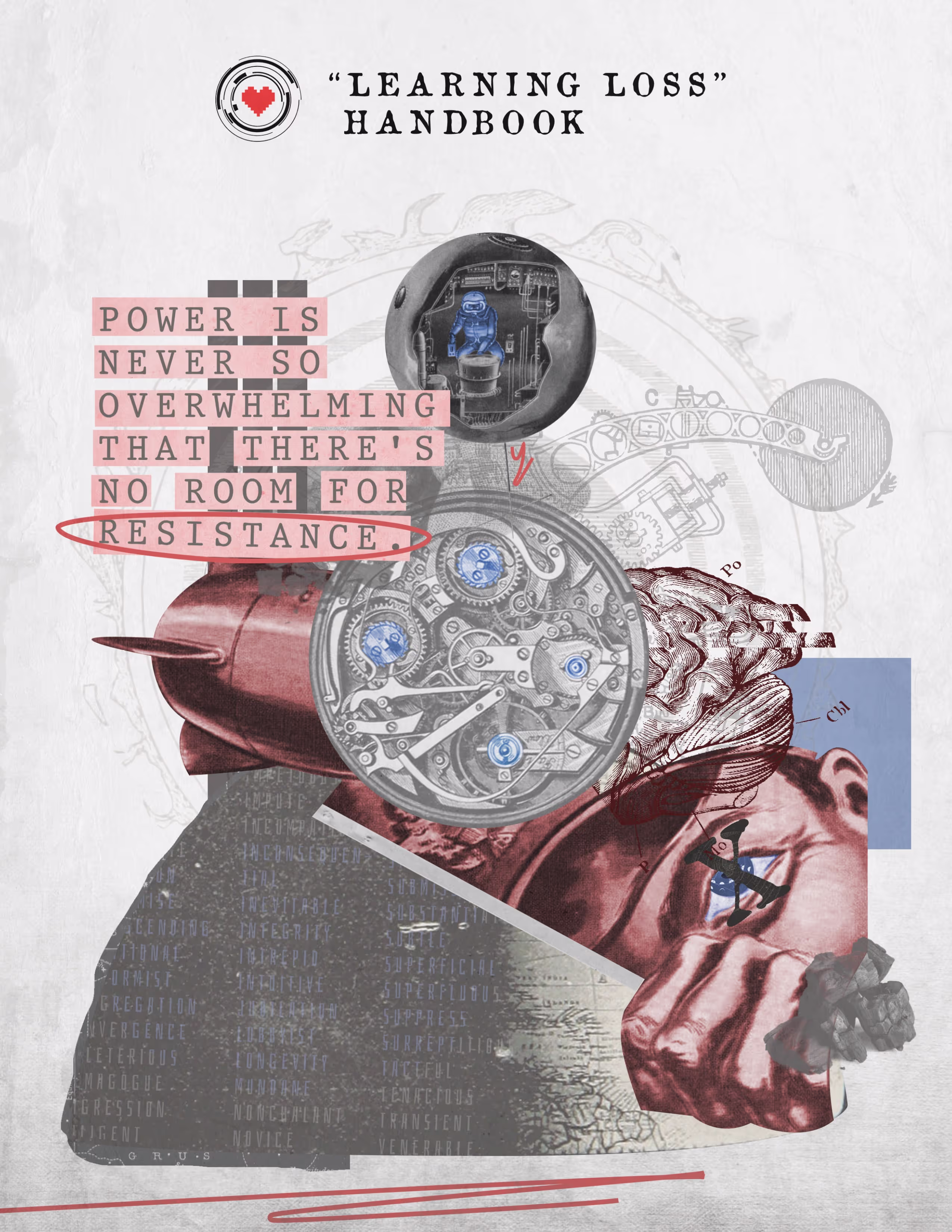 A collaged image of a person with a clock on their head in misery.