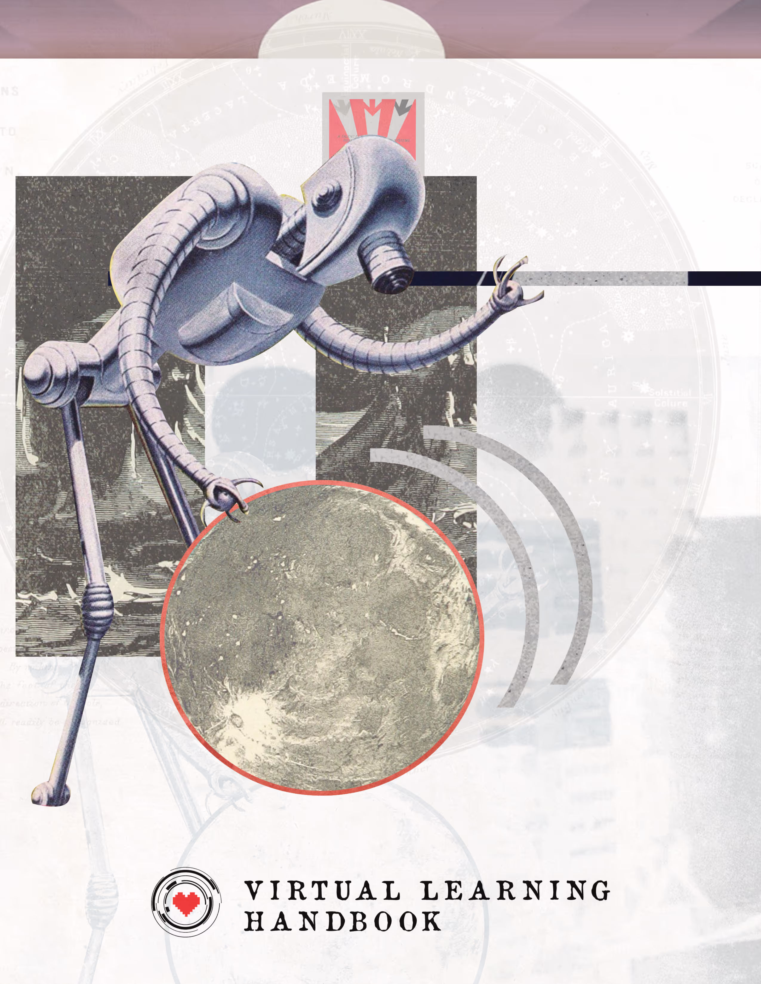 A collage-style robot pressing its hand against a moon.