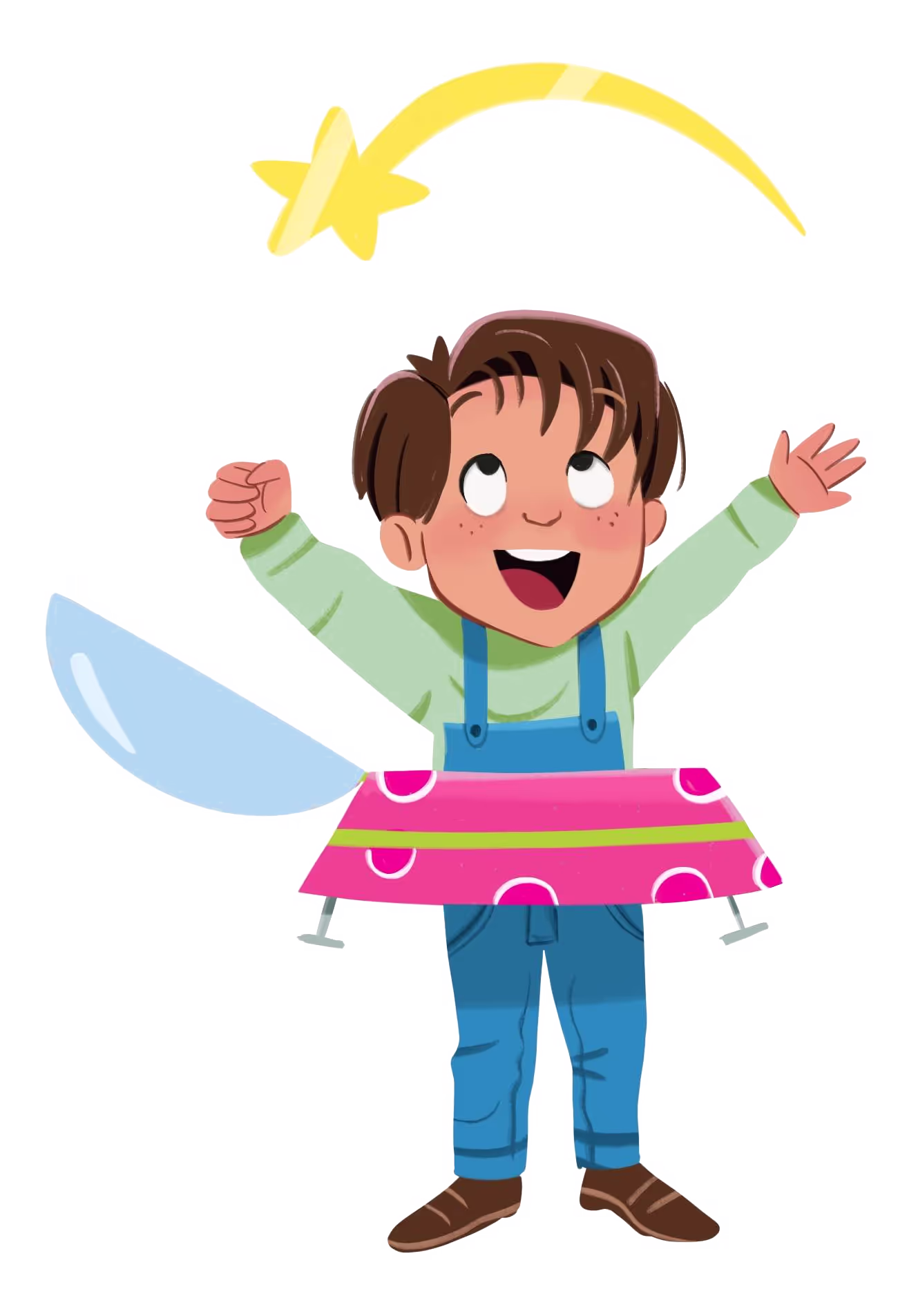 An illustrated child gazing upward in wonder.