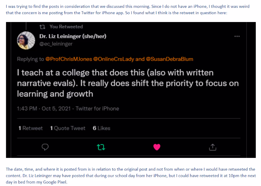 The author's response to the complaint, including one of the referenced tweets