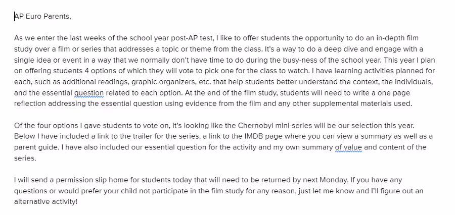Parent permission slip for the Chernobyl film study
