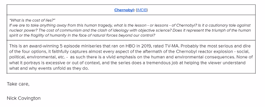 Parent permission slip for the Chernobyl film study