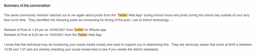 Email exchange about the Twitter monitoring complaint