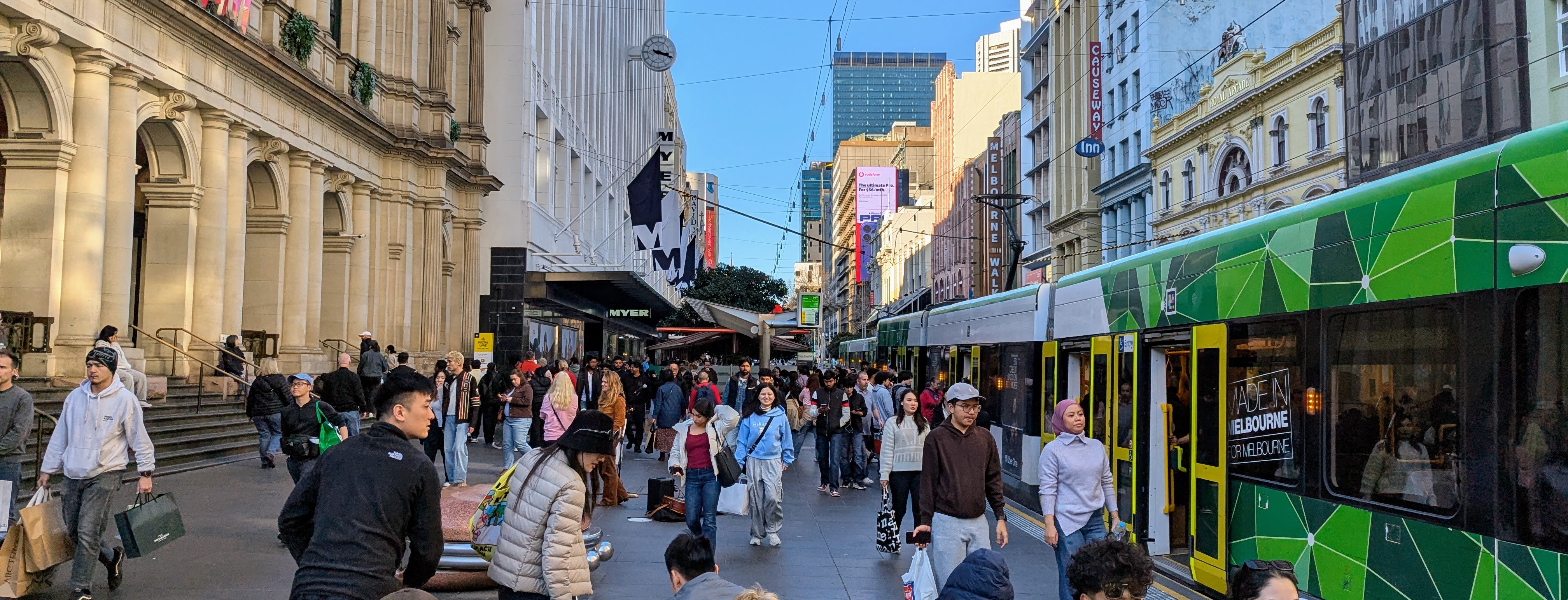 A busy Bourke Street Mall in central Melbourne: crowds of pedestrians walking past the Myer department store as a green and yellow Melbourne tram pulls up alongside them.