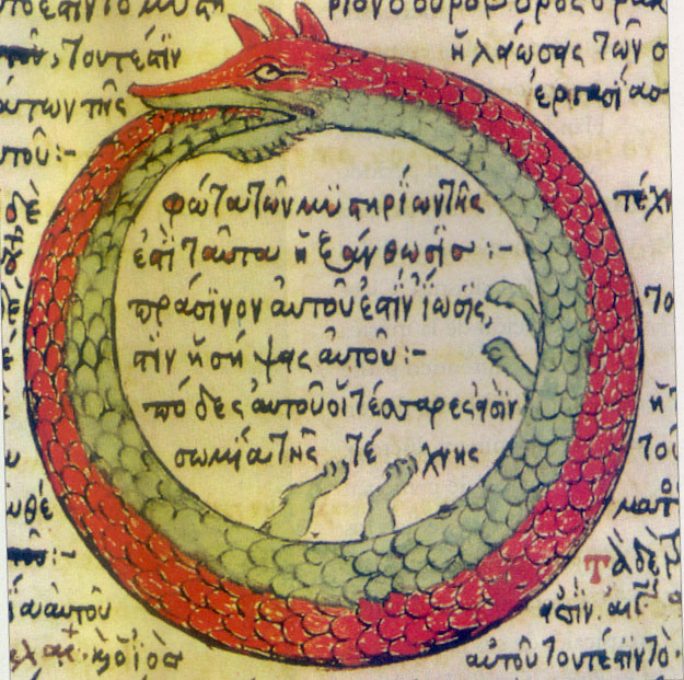 An ouroboros, a serpent curled into a circle, devouring its own tail