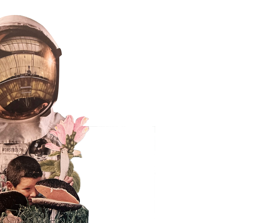 A vintage collage of an astronaut, flowers, children, and mushrooms.
