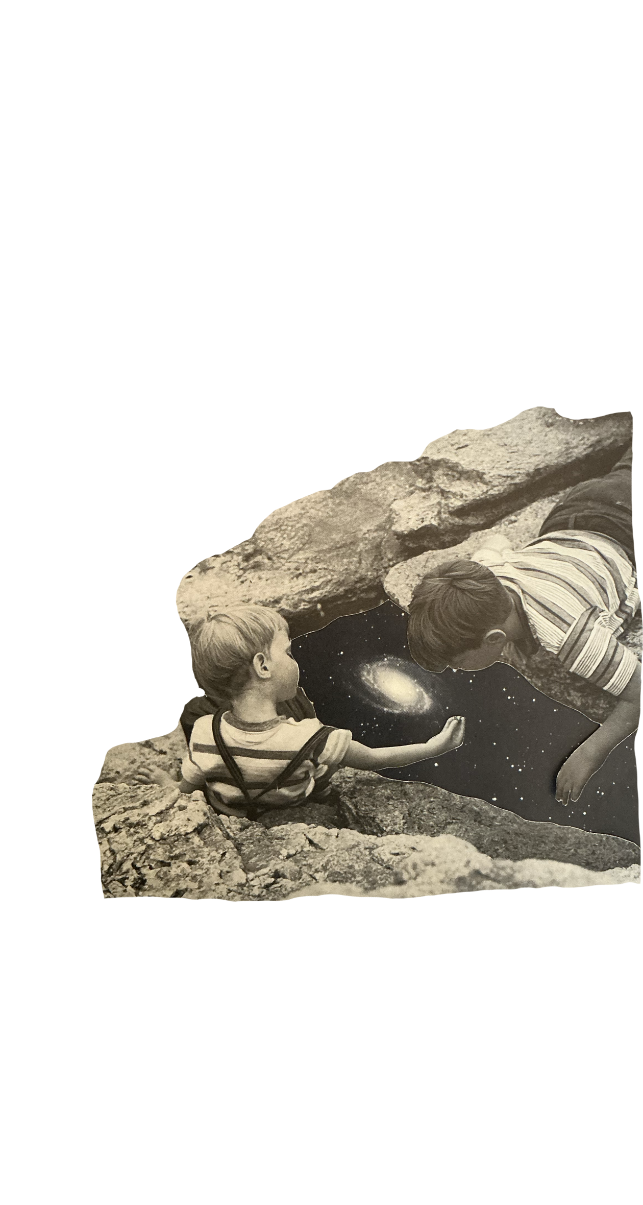 Two children discover a galaxy in a rocky landscape.